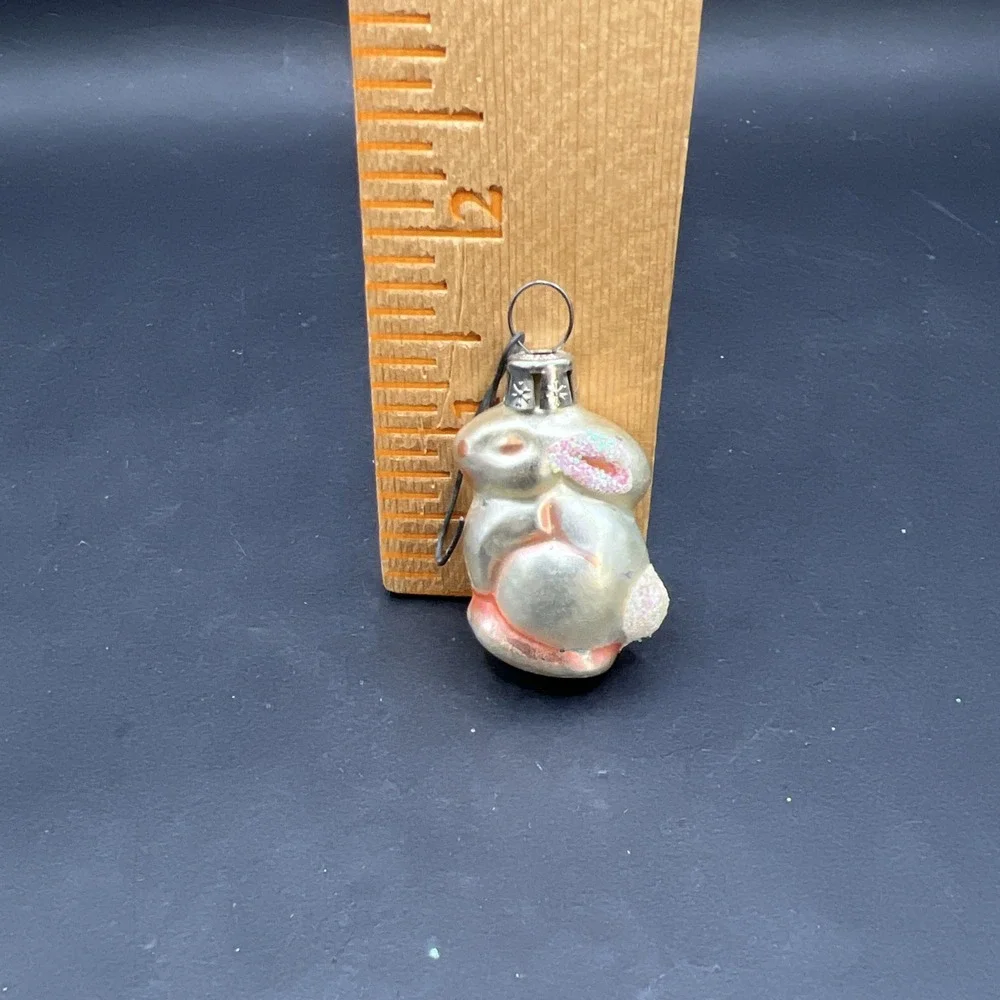 Vintage Czech Republic Glass Mini Bunny Rabbit Christmas Ornament Snowflake Cap